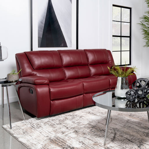 Camila Upholstered Motion Reclining Sofa Red Faux Leather image