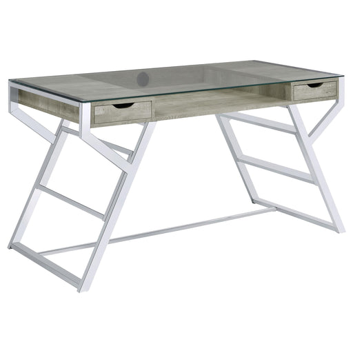 Emelle 2-drawer Glass Top Writing Desk Grey Driftwood and Chrome image