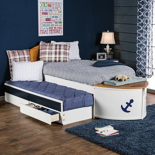 Voyager White/Oak/Navy Blue Twin Bed w/ Trundle + Drawers image