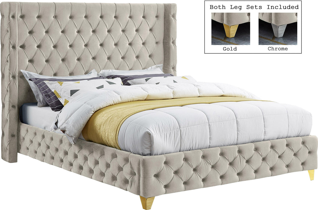 Savan Cream Velvet Queen Bed image